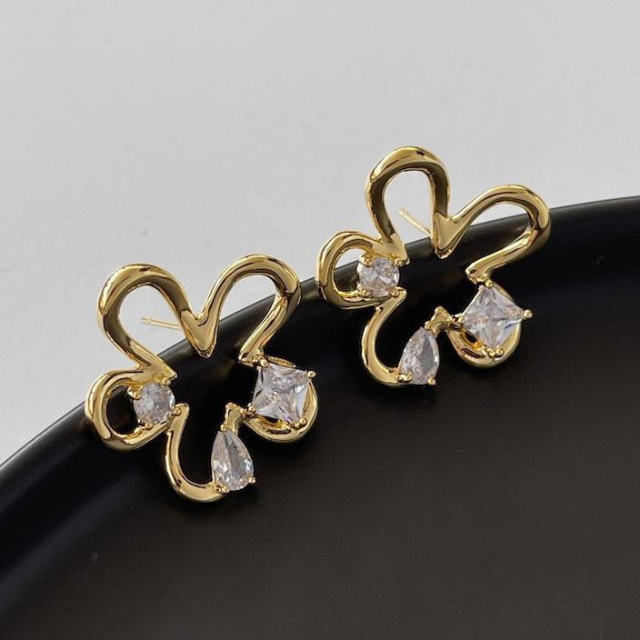 PONYKISS  Sterling Silver Zircon Hollow Irregular Flower Stud Earrings for Women Minimalist Fine  Cute Plant Accessory