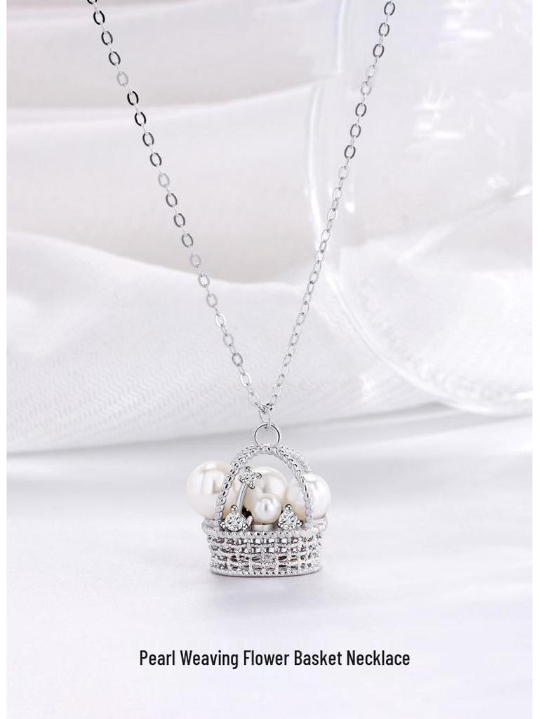 S925 Sterling Silver Woven Pearl Basket Necklace - Women's French Retro Luxury Clavicle Chain