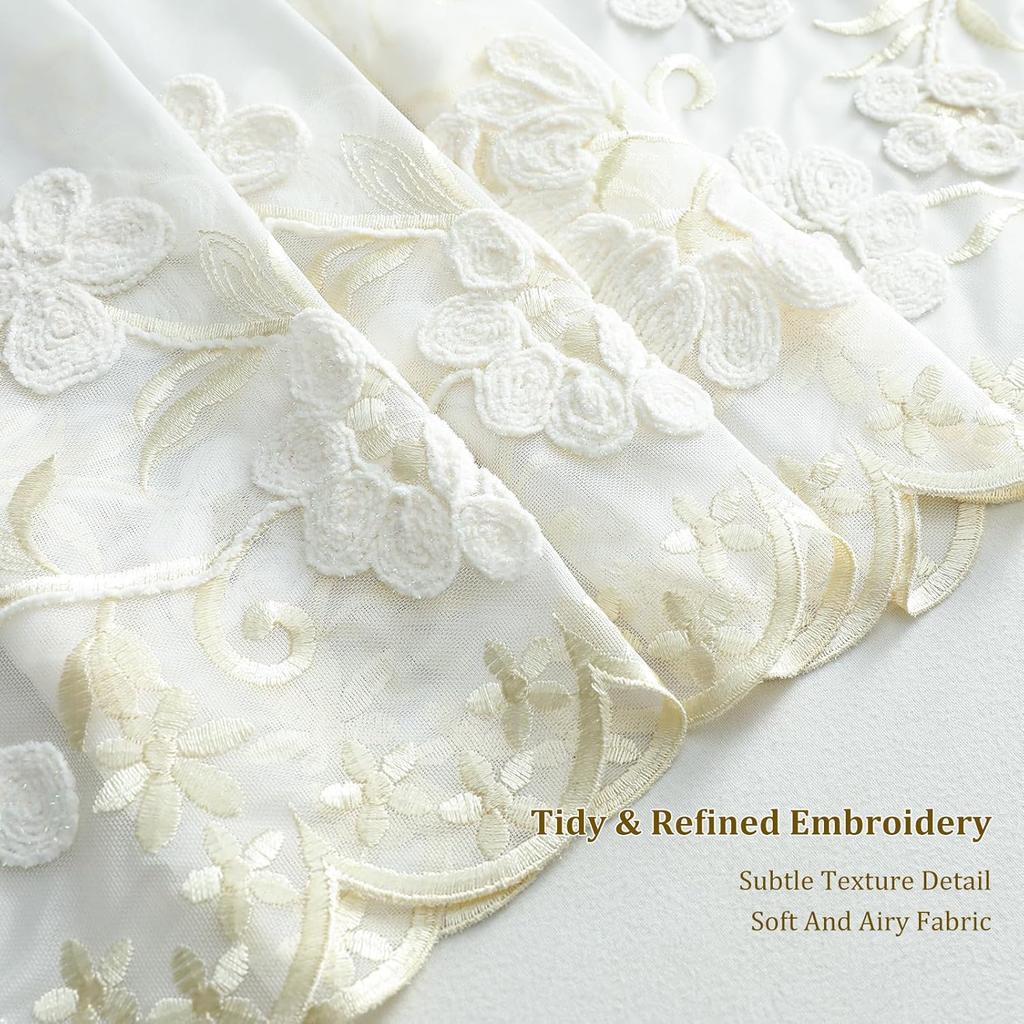 VOGOL Beige Sheer Lace Valance, Floral Embroidered Short Curtain for Kitchen Window, Grommet Rustic Farmhouse Window Topper for Bathroom & Living