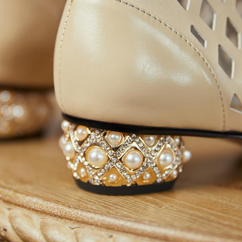 Mode Damen Neu Frühling/Sommer Echtes Leder Wasser Diamant Mittelhoher Absatz Hohl Schnürloch Offene Zehe Fischmaul Größe Coole Stiefel
