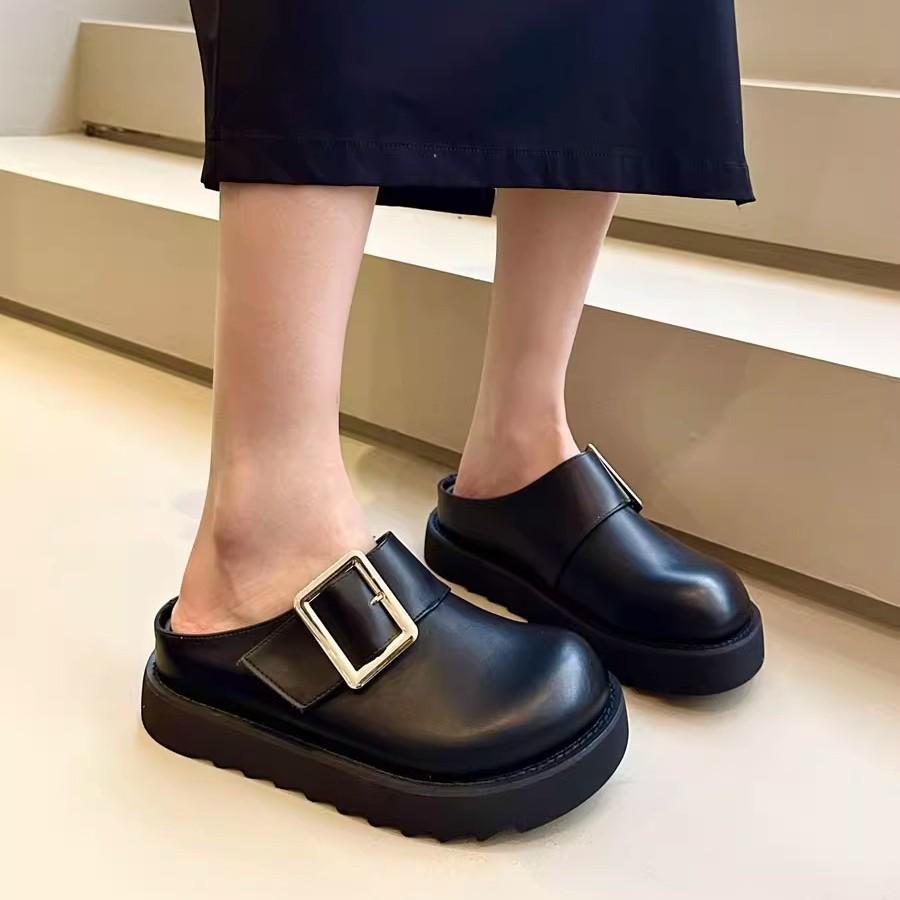 Hong Kong style golden buckle Boken shoes big head sweet cool bag head half slippers women wear thick-soled lazy sandals in the summer of 2024