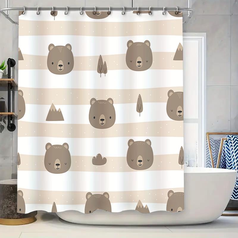 

Adorable Bear Print Shower Curtain Set Perfect For Kids Bathrooms Or Nursery Decorations Neutral Striped Background With Mountai W60H190(CM)-1 Pcs
