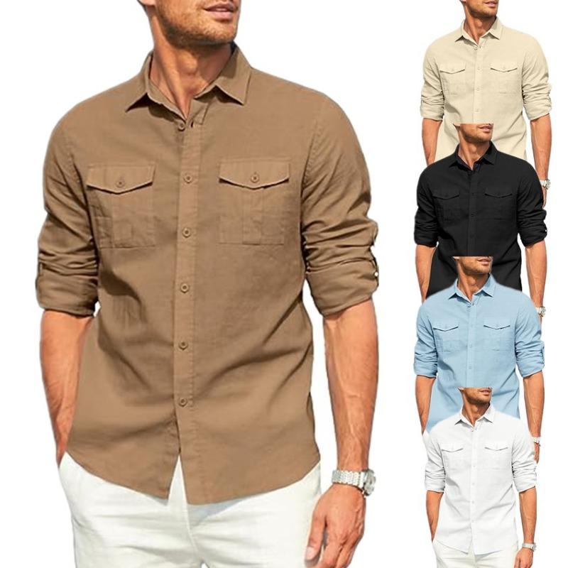 Camisa de Hombre Bolsillo Doble Mezclas de Algodón Camisa de Manga Larga Camisas Casuales para Vacaciones
