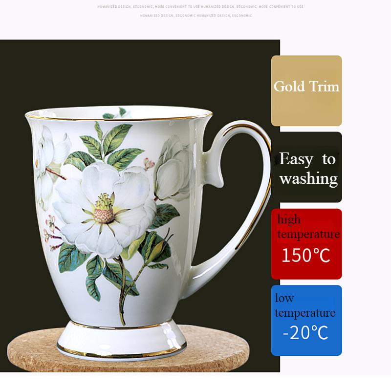 Light Luxury Ceramic Tea Mug 300ml - Fine Porcelain Bone China Coffee Mug with Gold Trim, Camelia Floral Vintage Tea Cups with Handle,1pc