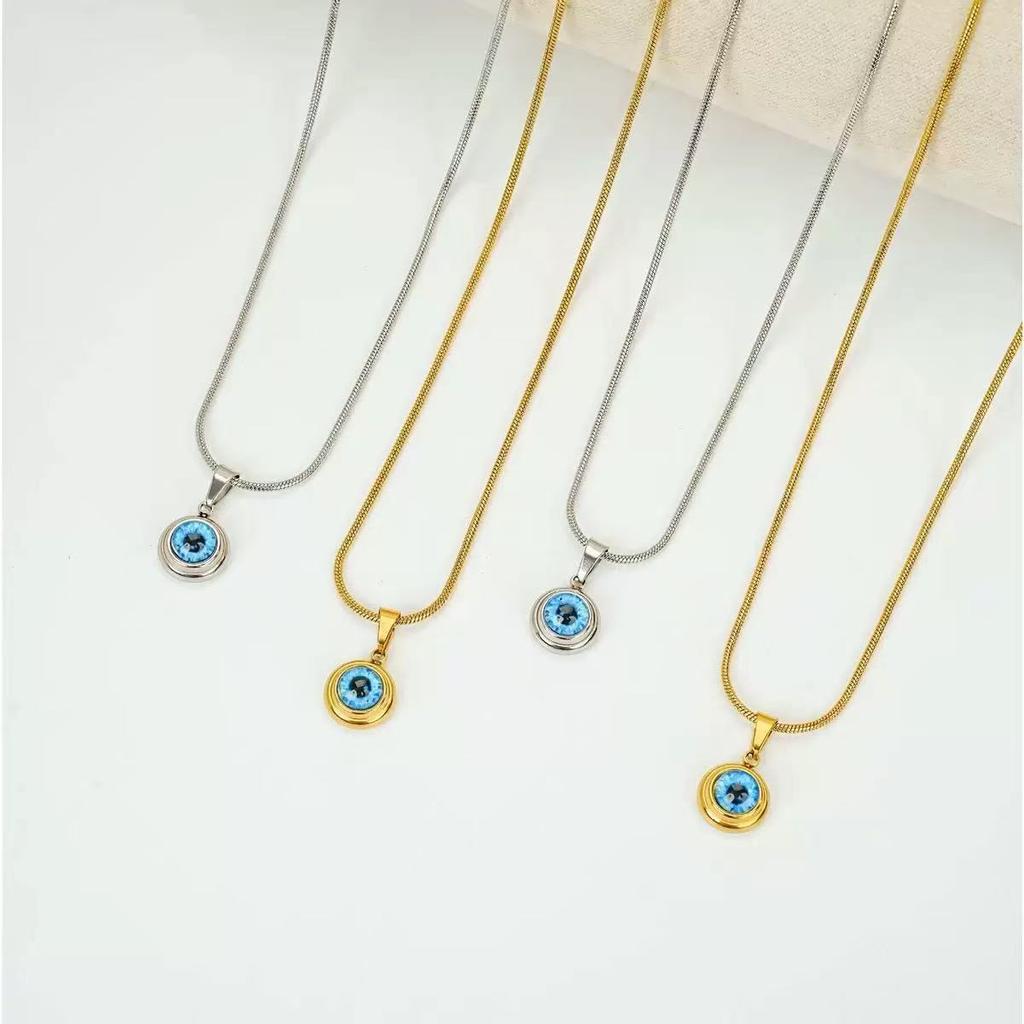 Trendy Evil Eye Pendant Necklace for Men Women, Stainless Steel Round Charm, Snake Bone Chain, Unisex Fashion Jewelry