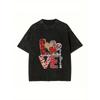 European Size Men'S Heavyweight Washed Vintage T-Shirt | Soft Breathable Loose Fit Tee with Red Hearts LOVE Graphic - Black Retro Streetwear Shirt