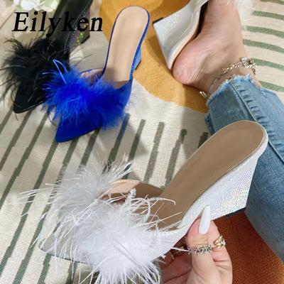 Fashion Eilyken New Design Feather Fur Wedges Slippers Sandals Women Pointed Toe Mules Lady Pumps Slides Zapatillas De Mujer