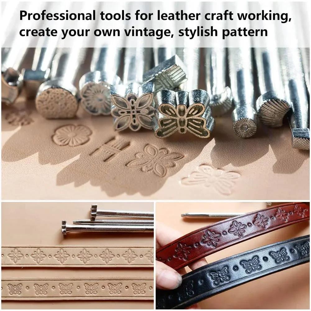 20pcs Metal Leather Working Saddle Making Tools Carving Leather Craft Stamps Kit DIY Printinting Craft Supplies Leather Tools