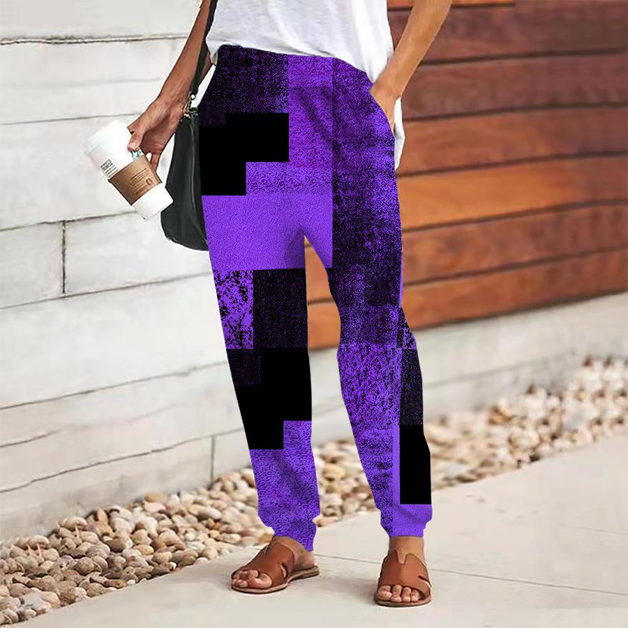 Women Geometry Printing Pants Lace Up Elastic Waist Loose  Trousers Casual Long Pants Trousers with Pockets