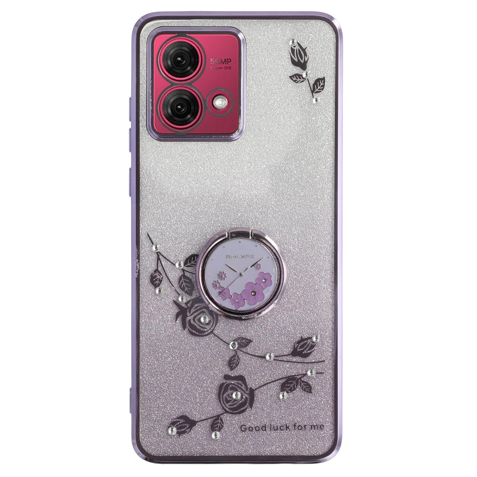 

KADEM For Motorola Moto G84 5G Case Ring Kickstand TPU Flowers Phone Cover Gradient Glitter Purple