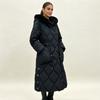 Womens Hooded Mid-Length Puffer Coat With Waist Cinching Rhombus Quilted Design Winter Warm Cotton-Padded Jacket