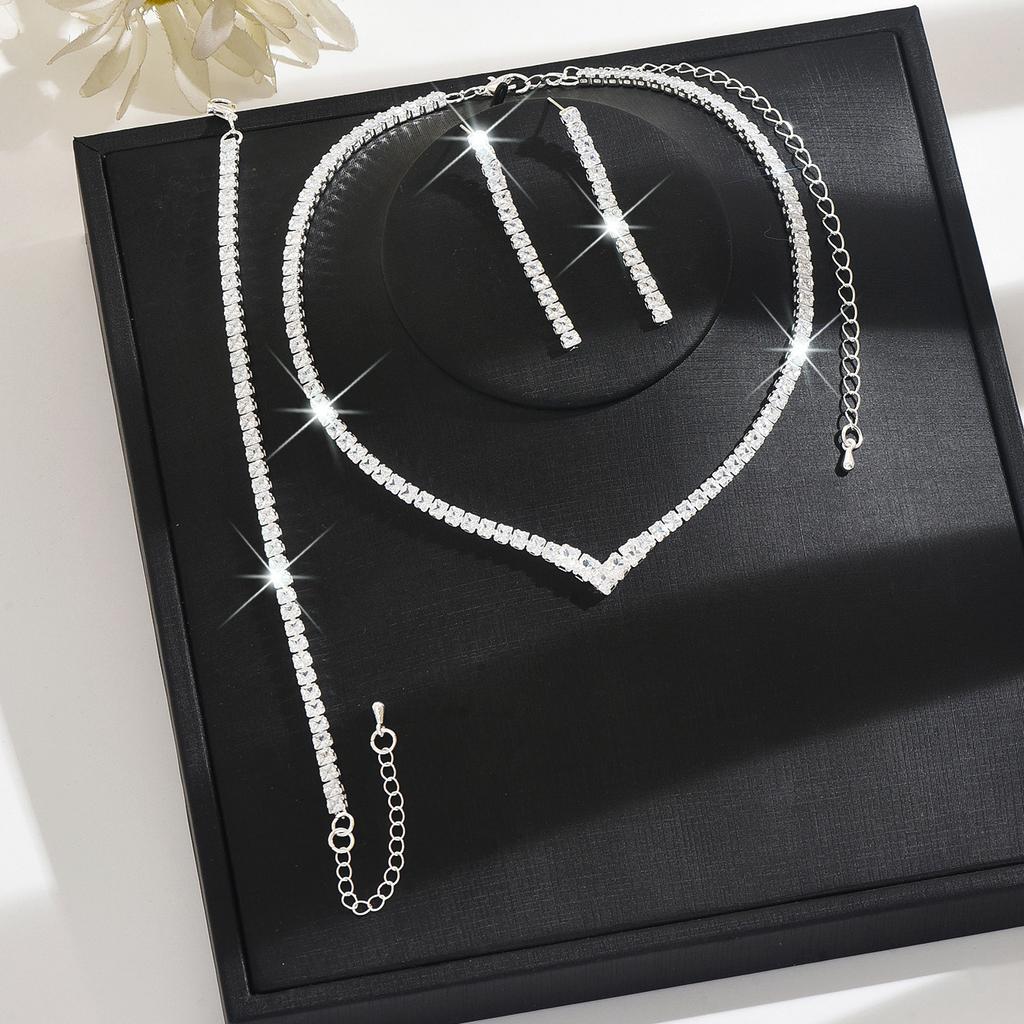 Fashion Versatile V Shaped Jewelry Sets Shiny Rhinestone Tassel Earrings Tennis Bracelet Collarbone Necklaces for Women Set