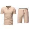 Mens Solid Color Linen Short Sleeve Shorts Casual Two Piece Set