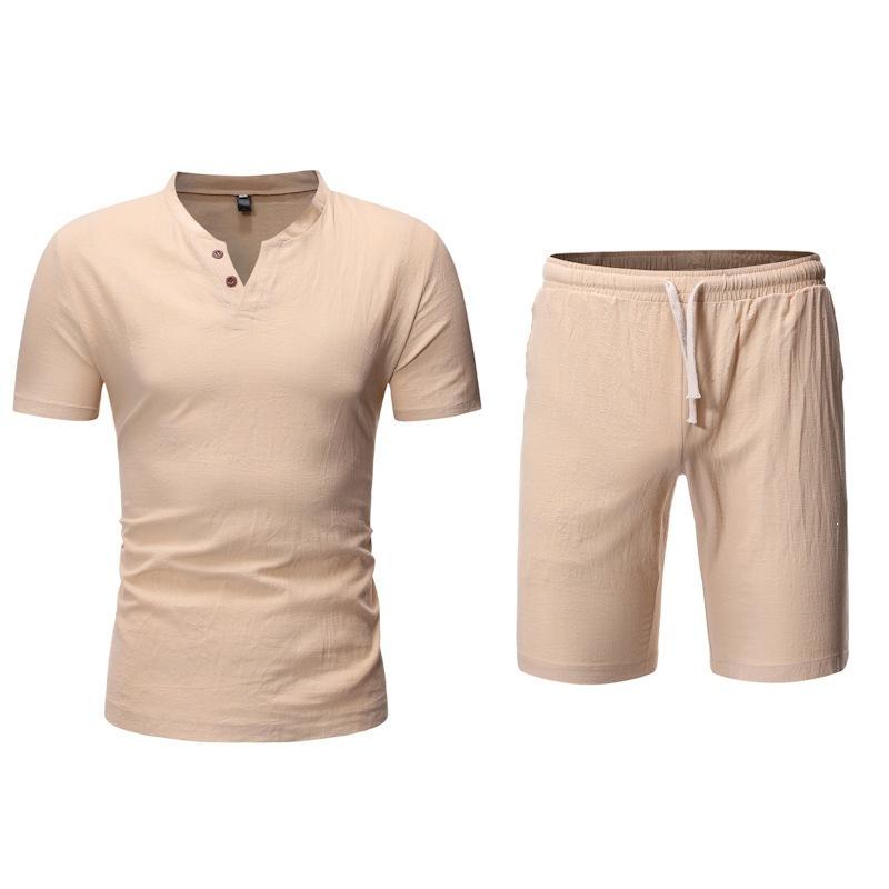 Mens Solid Color Linen Short Sleeve Shorts Casual Two Piece Set