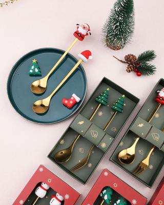 15.8/16cm Christmas Spoon Set Santa Gold Stainless Steel Santa Claus Spoon Cutlery Reindeer-Themed Utensils Festive Tableware