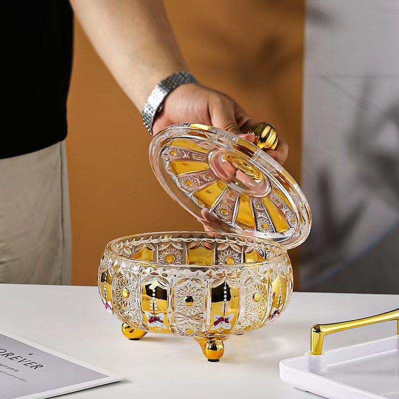Crystal Glass with Lid Sugar Jar Candy Jar Transparent Color Colored Enamel Color Gold Edge Ashtray Modern Fruit Plate