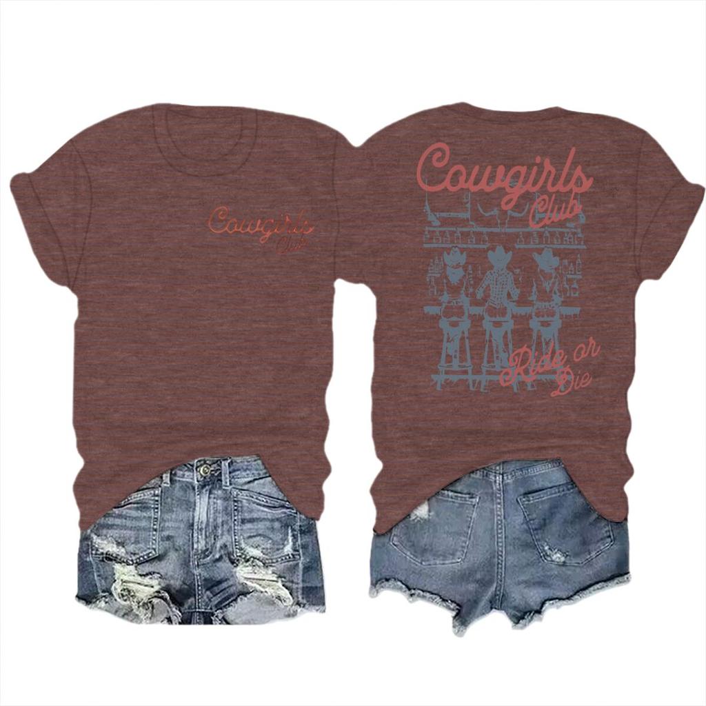 Unisexs Western Cowgirl Club Graphic Tee Casual Crew Neck Short Sleeve Tshirt With Cowgirl Letter Design Streetwear Female Tops