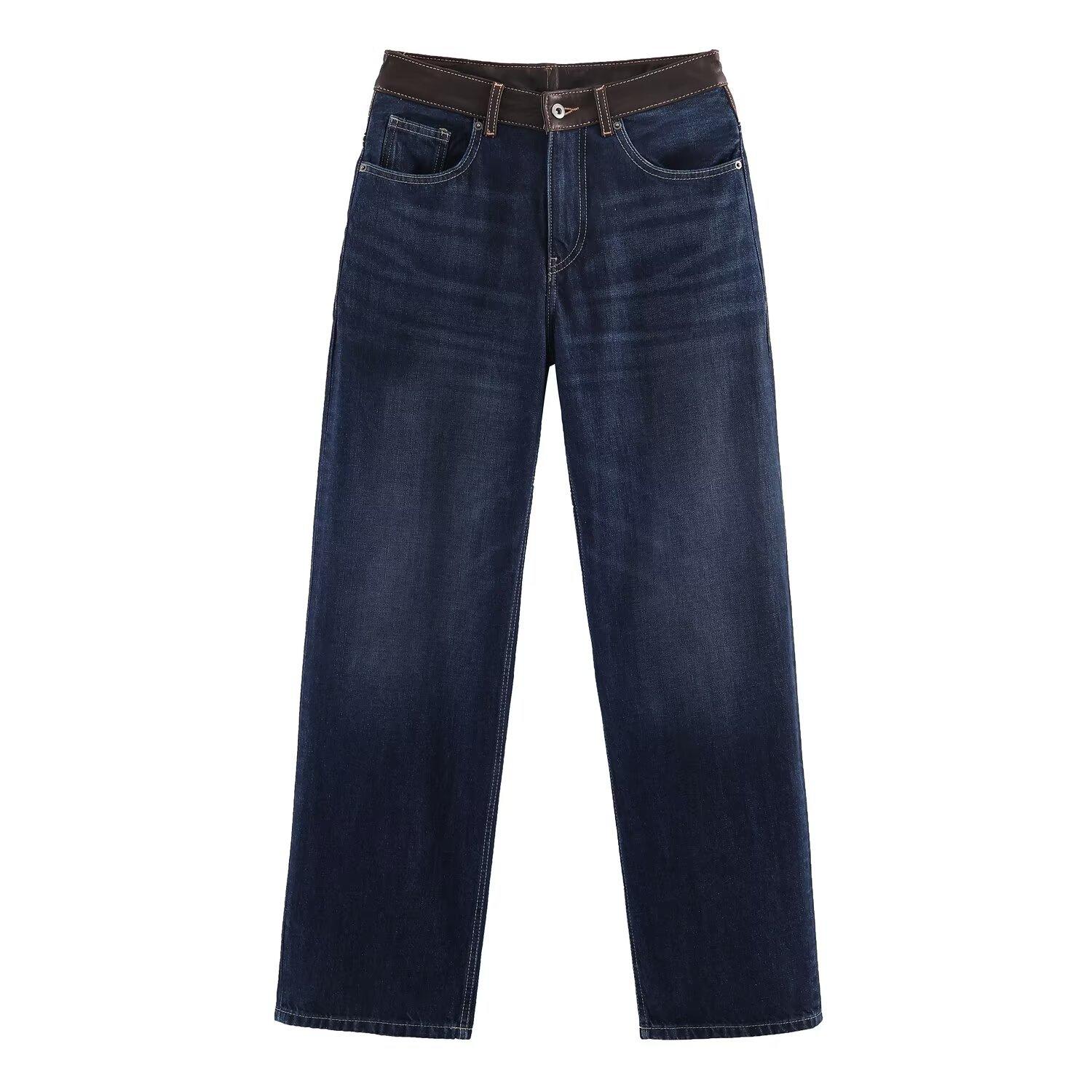 European and American style, new women s clothing, denim leather effect jacket, straight wide-leg jeans XS