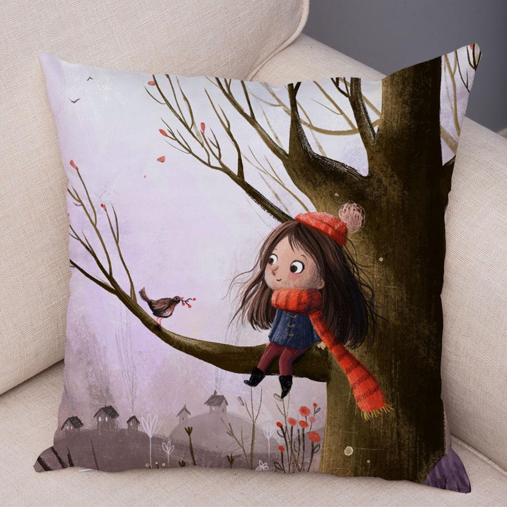 Super Soft Plush Pillow Case for Sofa Home Watercolor Cartoon Girl Cushion Cover Decor Fairy Tale World Lovely Child Pillowcase