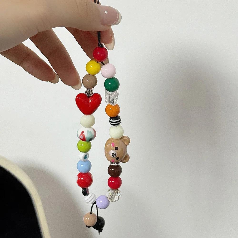 Jewelry Strap Cute Bear Colored Beaded Phone Writ Strap Charm Chain Keycord Stylish Heart For All Phone Case Car Key Camera Bag