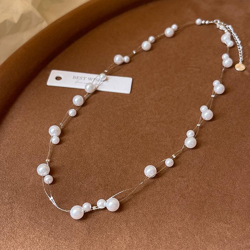 Gypsy Double Stacked Wearing Imitation Pearl Necklace Femininity Fashion Size Pearl Collarbone Chain French Retro Neck Chain