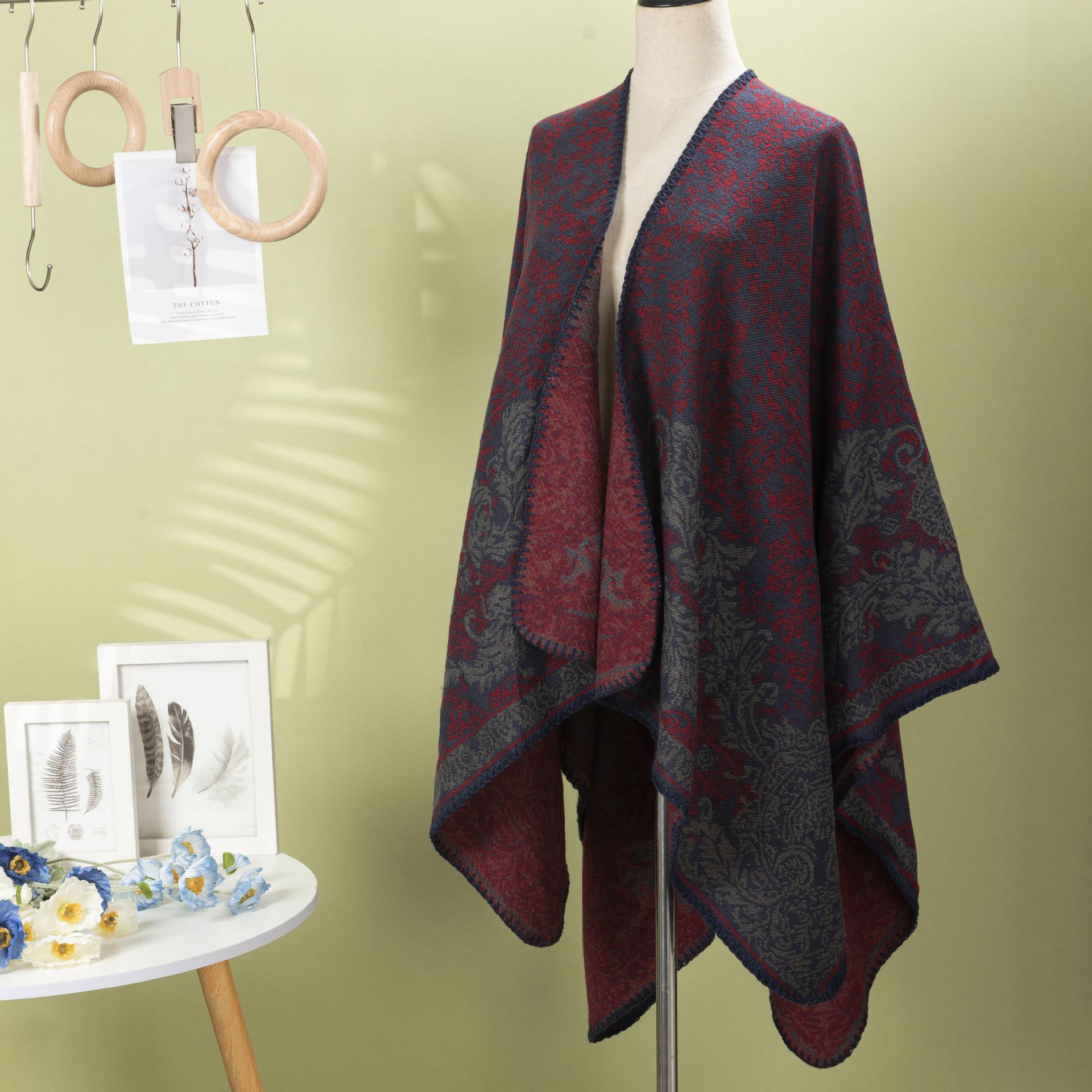 

Фабричный источник Премиум Чувство Ретро Узор Шаль Накидка Женская Уличная Поездка в Синьцзян Ветрозащитный Шарф Кардиган 132*147CM темно-красного