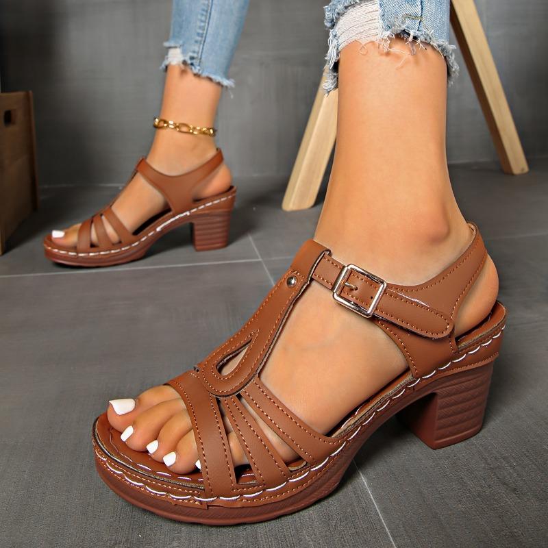 Summer Plus Size Sandals Women's New Round Toe Open Toe Cutout Car Stitch One Buckle Strap Block Heel Fish Mouth High Heels