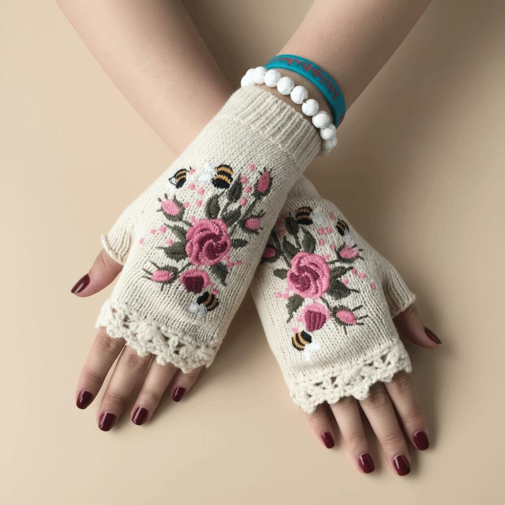 Vintage Embroidery Knitted Gloves Floral Fingerless Gloves All-Match Winter Wool Gloves  Outdoor