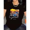 European Sizes Women'S Black T-Shirt with Santorini Greece Print - White Short Sleeve Comfortable