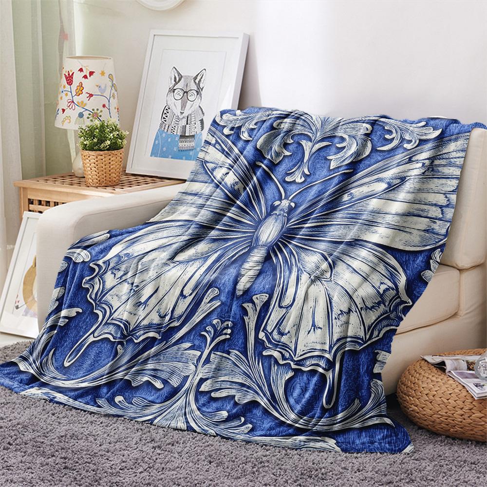 Blue and White Butterflies Print Flannel Blanket, High quality Comfortable for All Seasons, Home Decor, Warmth and Comfort