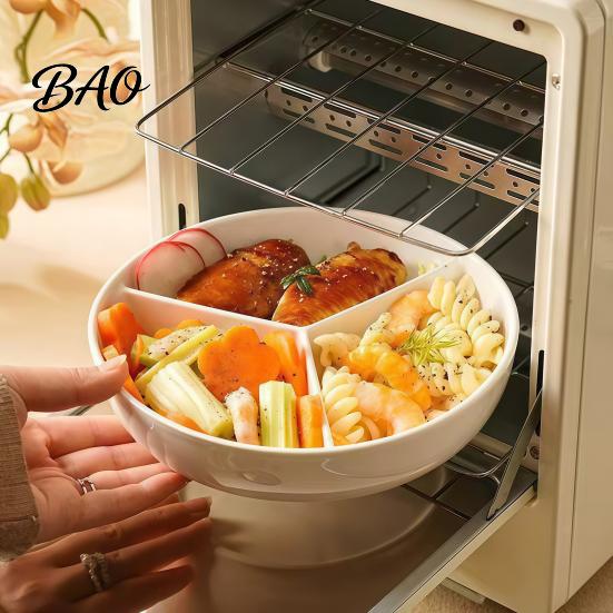Family Daily Use Dinner Plate Ceramic Steamer with 3 Divided Compartments, Round Dish Portion Control Diet for Food, Rice Meat Vegetable Separator Pot
