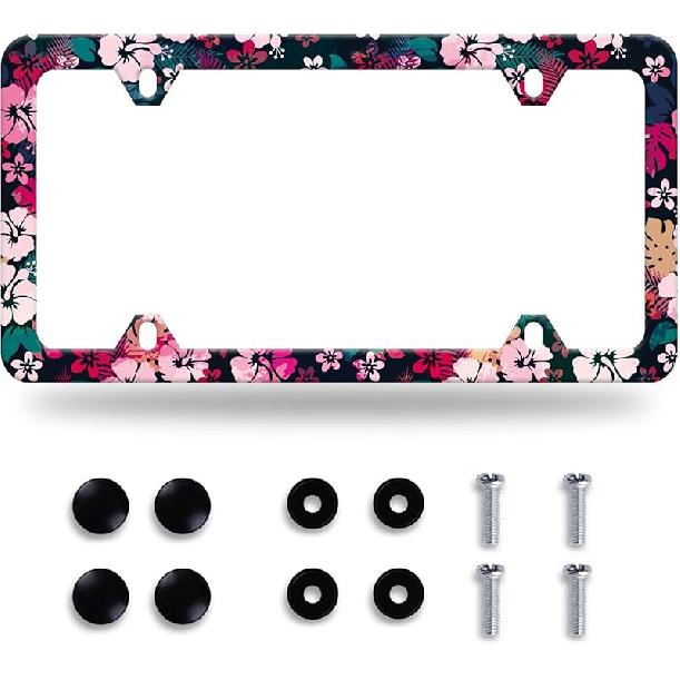 Colorful Flowers License Plate Frame Colorful Wildflower Floral License Plate Frames Stainless Steel Accessories Cars Decor With 4 Holes And Screws