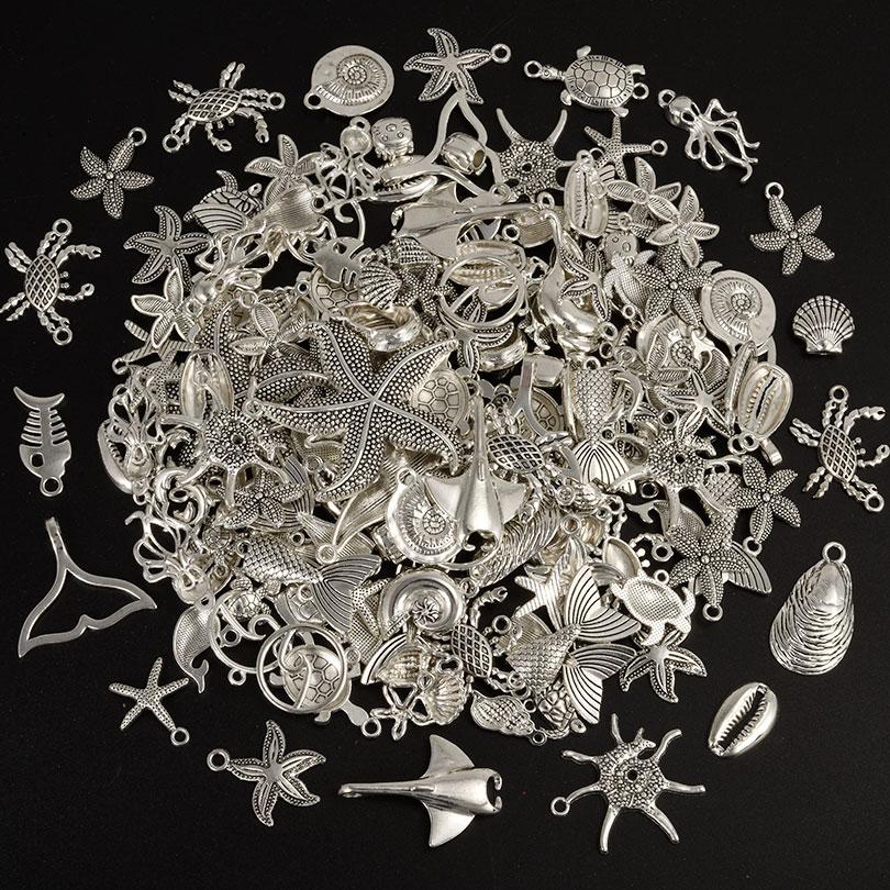 10/20/30pcs Metal KC/Vintage Gold/Silver Color Ocean Animal Charm Random Mix Shell Fish Turtle Charms For Jewelry Making Pendant
