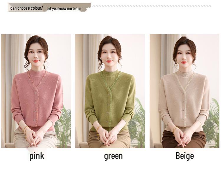 Mom's Elegant Autumn/Winter Wool Knit Sweater: Fashionable Thick Layered Top for Middle-Aged & Elderly Women