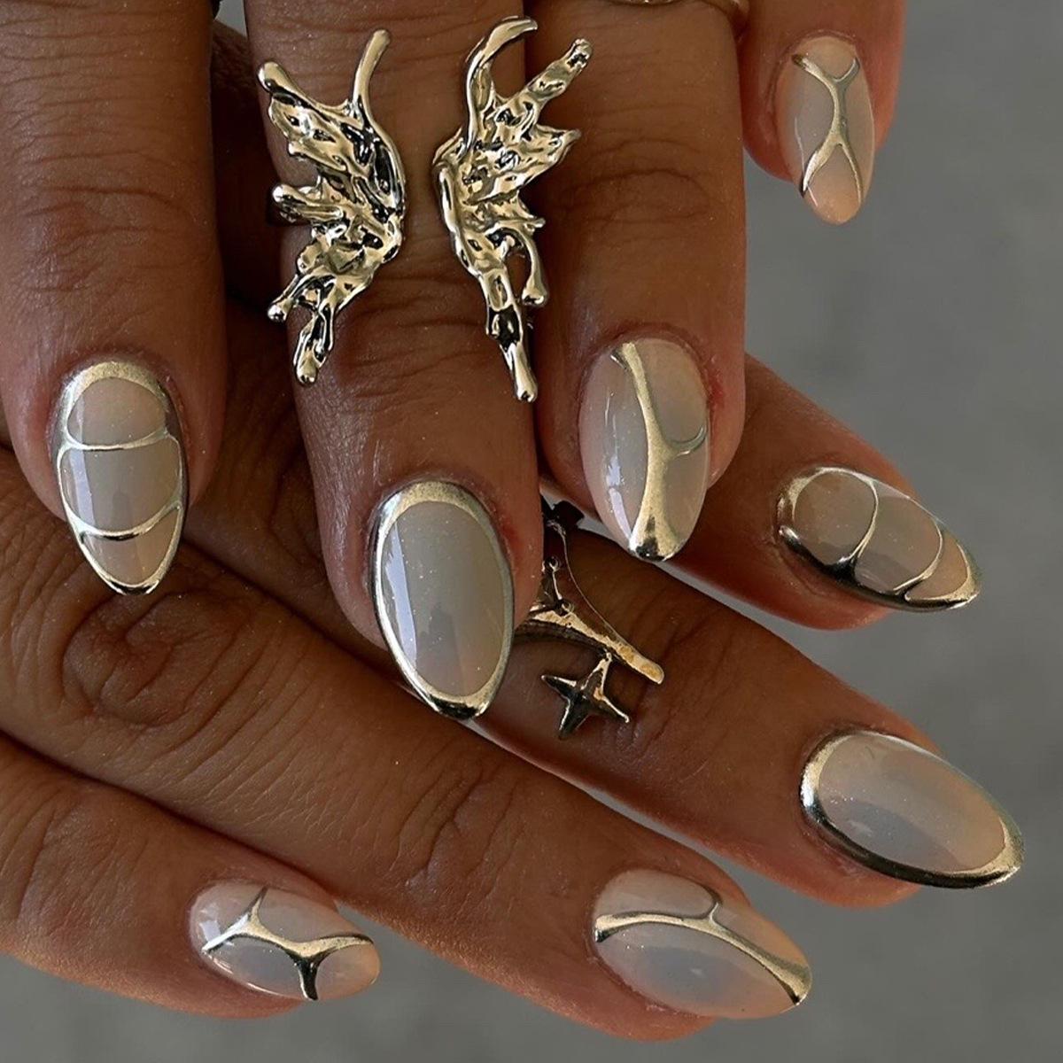 European & American Style Almond-Shaped Wearable Nail Tips with Metal Lines – Futuristic Manicure Stickers.