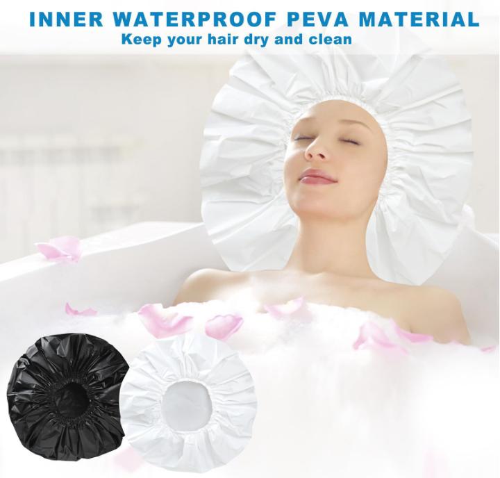 Two-Piece Extra-Large Waterproof Bath Cap Set, Reusable for Long Hair, Thick Curls, and Braided Styles (Black + White)