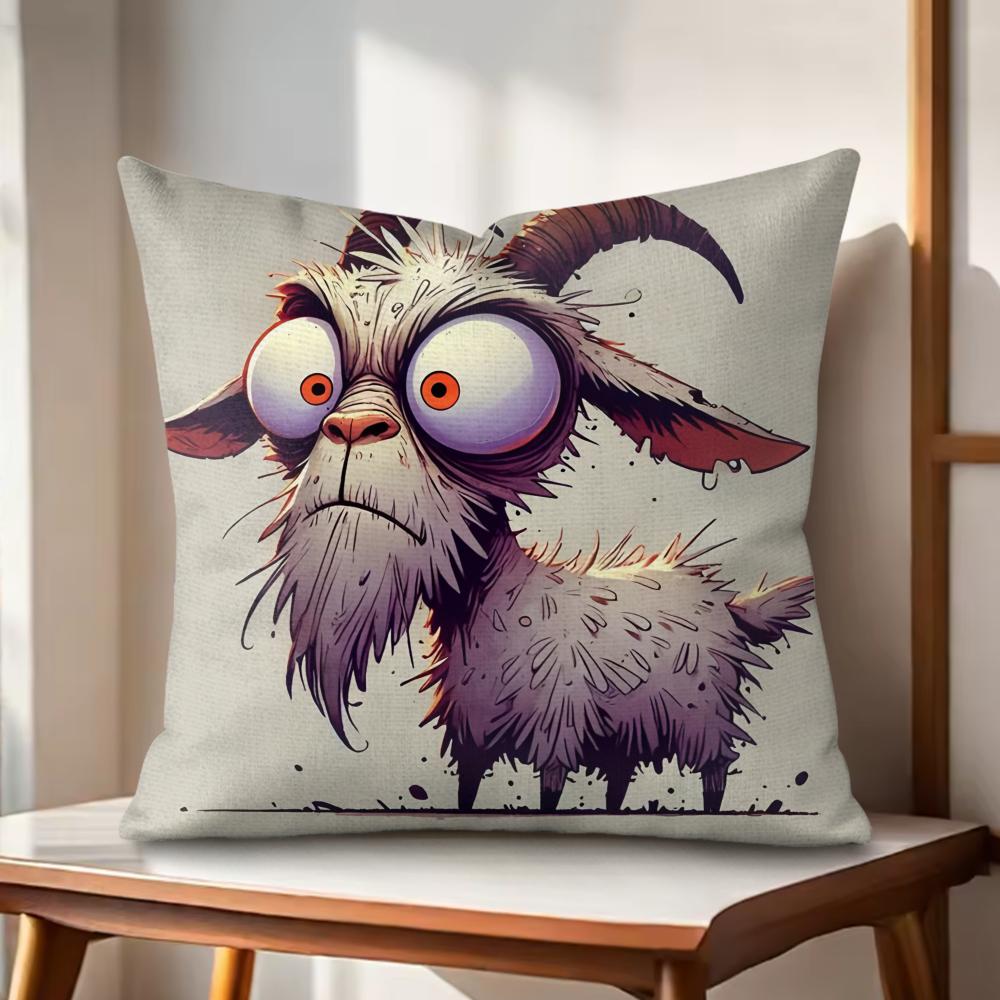 Spooky Goat Face Cushion Cover Natural Linen Organic Fabric DoubleSided Printing Couch Pillow Covers Home Decor Gift