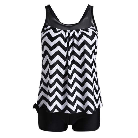 2Pcs/Set Women Summer Tankini Set O-Neck Sleeveless Padded Printing Tops Solid Color Mid-rise