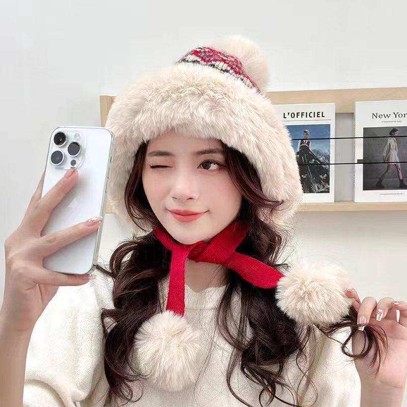 New wool hat knitted ear protector hat women's autumn and winter ethnic style fleece thickened warm cycling Lei Feng hat tide