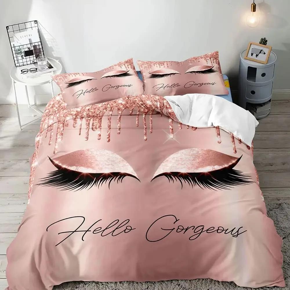 Pink Eyelash Duvet Cover Set Girls Women Eyelash Heart Printed Bedding Set Closed Eyes Pattern Design Comforter Cover Queen Size