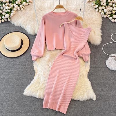 Autumn and Winter Fashion Short Loose Round Neck Sweater Two Piece Set Women's Elastic Tight Tank Top Skirt Mid Length Dress