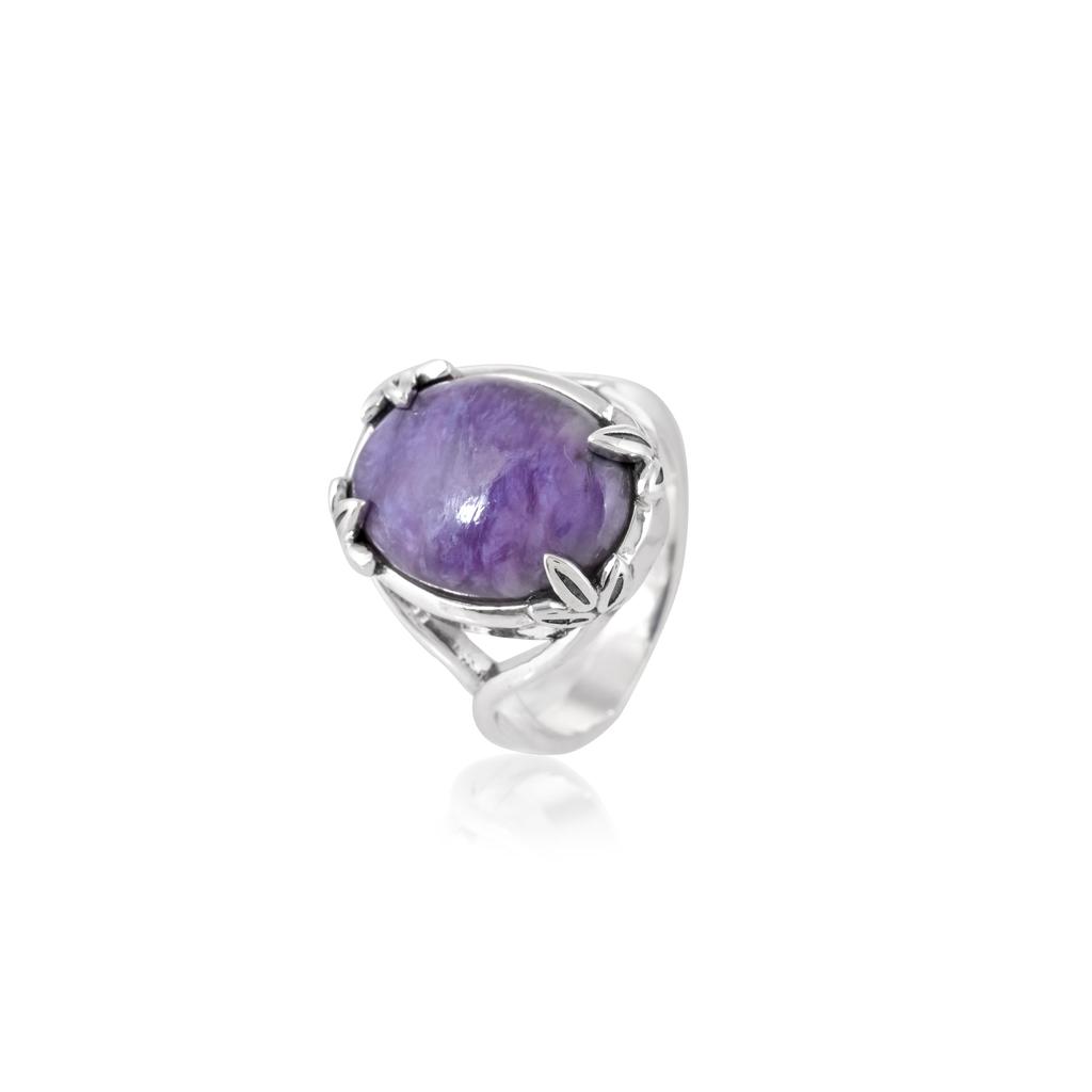 Natural Charoite Ring In 925 Sterling Silver - Statement Purple Gemstone with Elegant Leaf Design - Nature Inspired Jewelry Gift