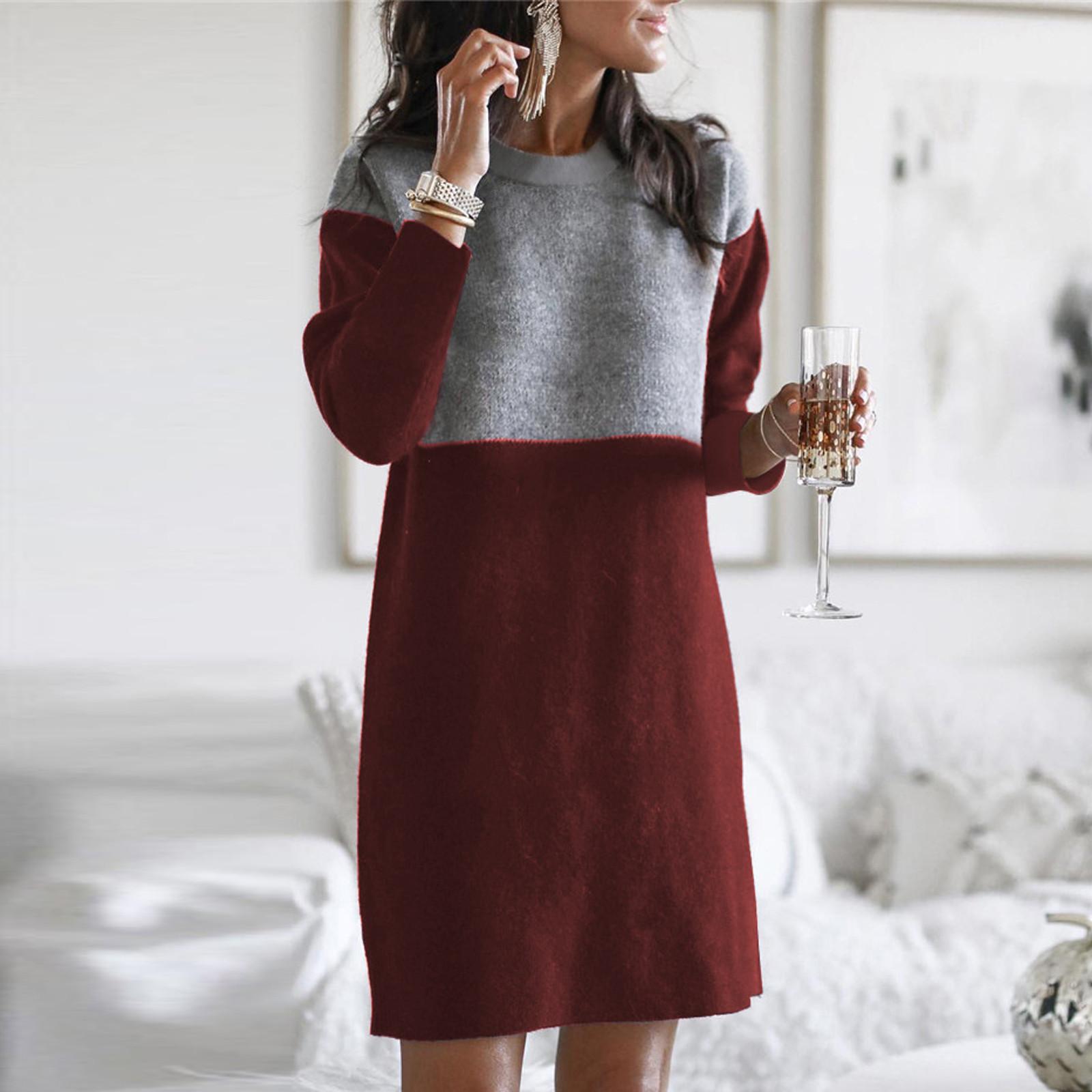 

Fashion Women Winter Loose Stitching Color Pullover Sweater Dress S винный