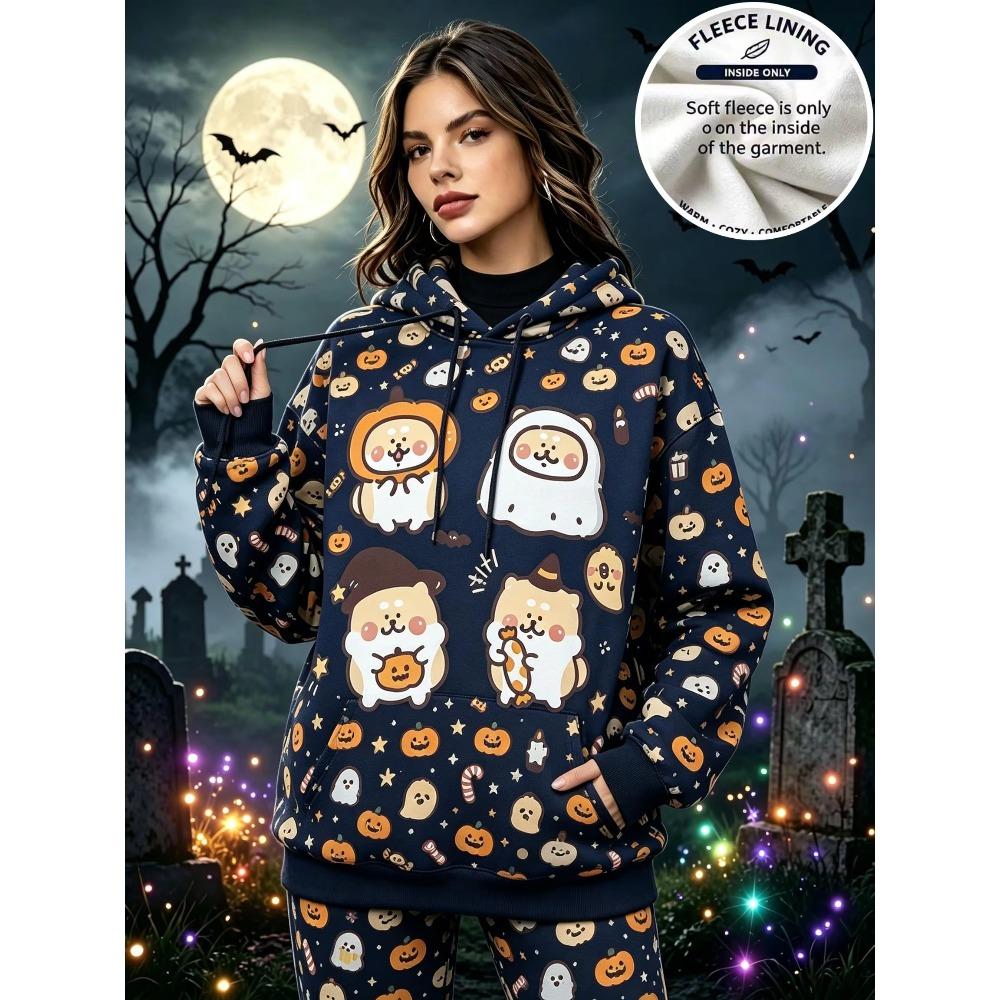 Women Halloween Fleece Hoodie Cute Cartoon Dog Pumpkin Ghost Print Long Sleeve Pullover Hooded Sweatshirt Casual Warm Top