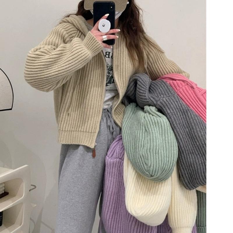 Autumn Winter Women Hooded Zipper Knitted Sweater New Loose Long Sleeved Cardigan Jackets Short Coats Sweet Casual Elegant Solid Color Clothing