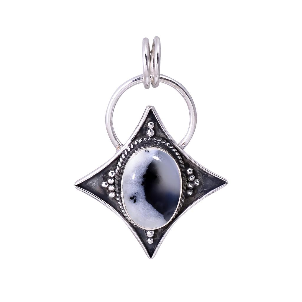 Merlinite Dendritic Opal -Brazil 925 Sterling Silver Pendant V3408, Black & White Pendant, Oval Pendant, Valentin's Day Gift, Gift For Her, Birthday G