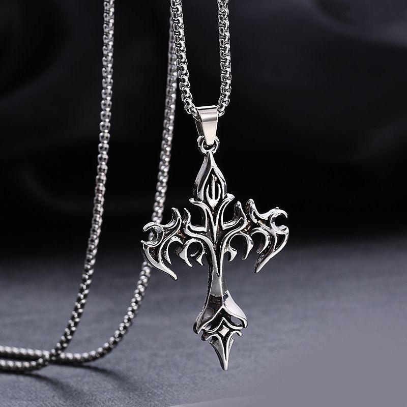 Fashion Vintage Flame Cross Pendant Necklace For Women Men Hip Hop Punk Personality Sweater Chain Jewelry Gift