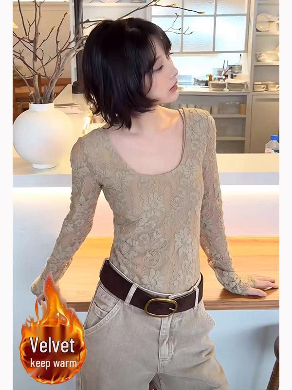 Hot Girl Lace Jacquard Slim Fit Long Sleeve Top - Autumn/Winter Style S
