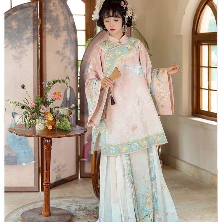 Hanfu Roz Set Qipao Dinastia Qing: Fustă Diagonală Mian cu Decolteu Rotund și Față Deschisă Imprimată - Stil Nou Curte Chineză