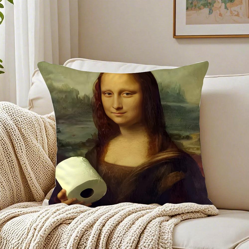Classic Art Mona Lisa Wearing Pearls Girl Cushion Cover Linen Pillowcase Soft For Sofa Bed Home Room Decor